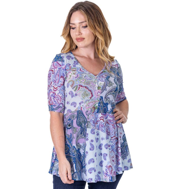 24seven Comfort Apparel Womens Purple Paisley Print Elbow Sleeve V Neck Henley Tunic Top, 1 of 9