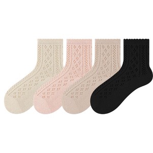 Anna-Kaci 4 Pairs Women's Lace Knit Crew Socks Lightweight Breathable Mesh Style with Elastic Cuff in Assorted Patterns - 1 of 4