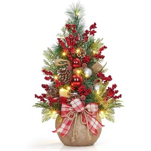 24 Inch Mini Christmas Tree with Lights, Pre-Lit Artificial Table Tree with Bow, Balls, Red Berries & Pine Cones, TableTop Decoration for Home Office - 1 of 4