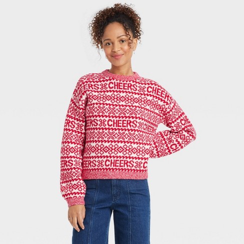 Women s Holiday Crewneck Pullover Sweater A New Day Red cream Fair Isle Cheers M Target