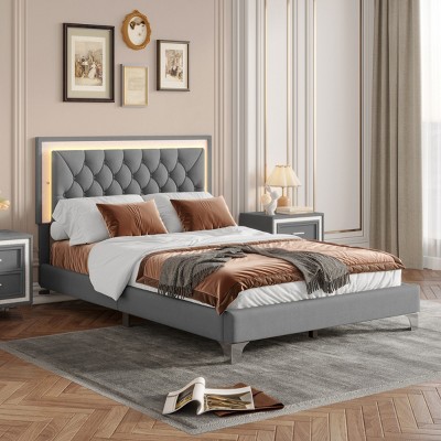 1pc Bed Frame Upholstered Velvet Platform with LED Headboard, No Box Spring Needed, Modern Design for Bedroom - Baofuwish