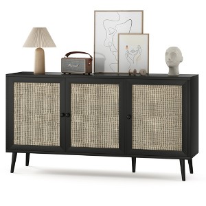 ChicFurnit Utility Storage Cabinets 3 Doors Rattan Storage Cabinet Floor Cabinet Accent Cabinet for Home Living, Black, 65"*21"*6" - 1 of 4