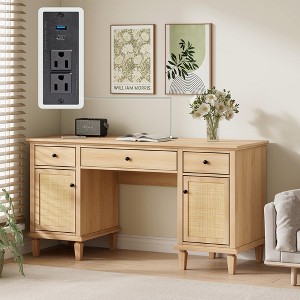 Brafab 3-Drawer Rattan Writing Desk with Storage Shelf & Power Outlets,Computer Desk with 5 Drawers and Office Desk for Home Office Workstation - 1 of 4