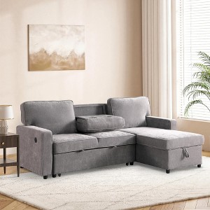 120'' Upholstery Sleeper Sectional Sofa with Storage Space, USB Port, and 2 Cup Holders on Back Cushions - 1 of 4