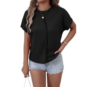 Women's Waffle Knit Crew Neck Short Sleeve Casual Loose Tunic Top - 1 of 4