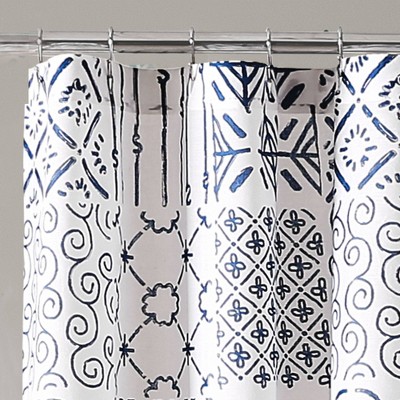 Blue and White Geometric Patchwork Fabric Shower Curtain with Liner