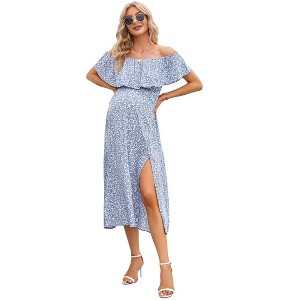 BLUEMING Maternity Sundress Flounce Elastic Neckline Dress Thigh Slit Maxi A-Line Dress - 1 of 4