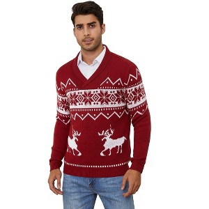 Ugly Christmas Sweater Men Fuuny Reindeer Snowflake Print Pullover Tops Long Sleeve v Neck Soft Knitted Sweaters - 1 of 4