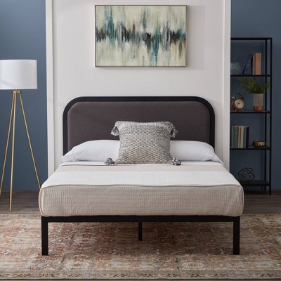 Charcoal King Metal Platform Bed with Rounded Upholstered Headboard