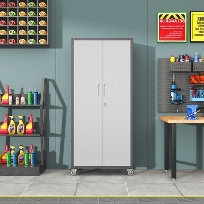 71" Metal Garage Storage Cabinet with Wheels - Heavy-Duty Tool Storage Cabinet for Home, Office, School,  Gray