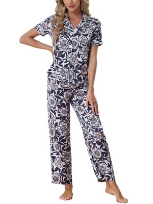 cheibear Women's Silky Short Sleeves Sleepshirt with Pants Sleepwear Pajama Set 2 Pcs
