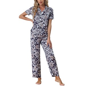 cheibear Women's Silky Short Sleeves Sleepshirt with Pants Sleepwear Pajama Set 2 Pcs - 1 of 4