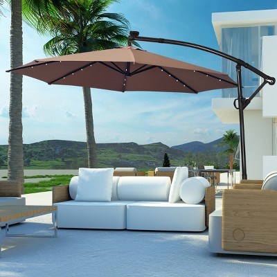 Costway 10FT Patio Offset Umbrella Solar LED 360degrees Rotation Tan