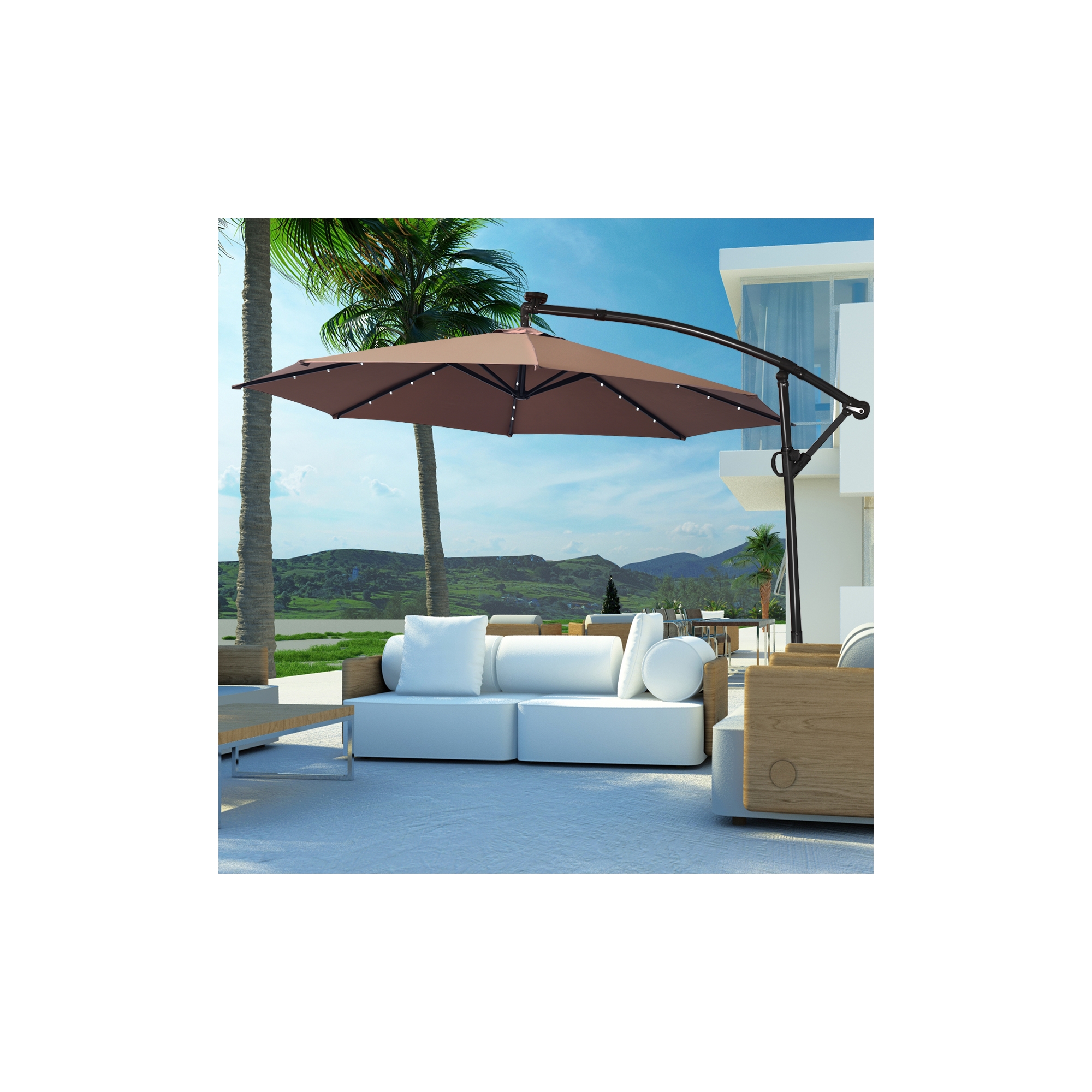 Costway 10FT Patio Offset Umbrella Solar LED 360degrees Rotation Brown