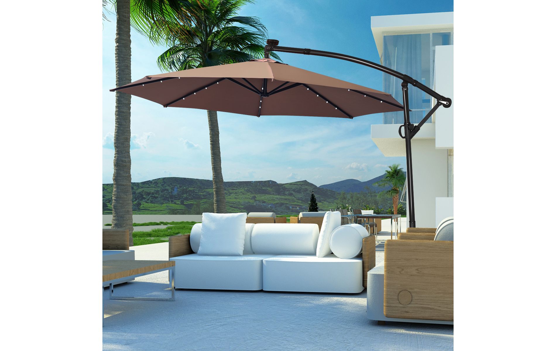 Costway 10FT Patio Offset Umbrella Solar LED 360degrees Rotation Brown