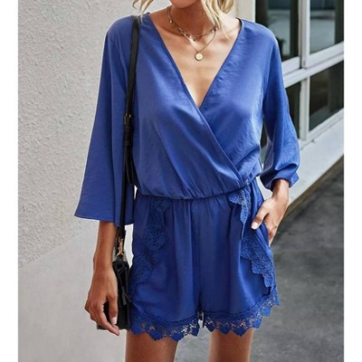 Women's Solid Deep V Neck Lace Romper - Shewin Inc.
