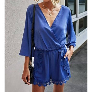 Women's Solid Deep V Neck Lace Romper - Shewin Inc. - 1 of 3
