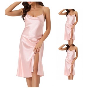 INSPIRE CHIC Womens Satin Nightdress Slit Nightgown Sleeveless Backless Silky Midi Sleepwear - 1 of 4
