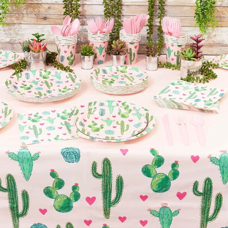 Sparkle and Bash 3 Pack Pink Plastic Cactus Tablecloth for Let's Fiesta Birthday Party Decorations, Baby Shower, 54x108 In, 3 of 8