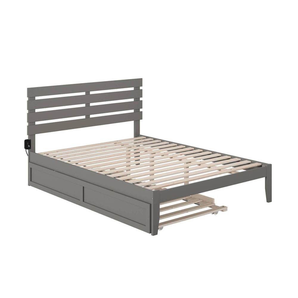 Queen Oxford Bed with USB Turbo Charger and XL Trundle Gray - AFI: Solid Hardwood, No Box Spring Needed, Mid-Century Design