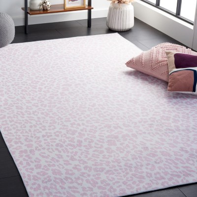 Ivory and Pink Faux Fur Rectangular Washable Area Rug