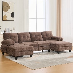 103.5" Chenille Upholstery U-Shaped Sectional Sofa with Dual Chaise Lounges, Side Storage Pockets & Armrest Pillows - 1 of 4