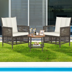 Costway Patiojoy 3PCS Patio Rattan Furniture Set Cushioned Sofas Wood Table Top W/Shelf - 1 of 4