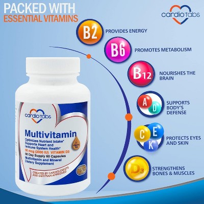 Cardiotabs Multivitamin - Packed with Methylated B Vitamin Complex & Vitamins A, C, E, K + 2000 IU Vitamin D3 - 60 Capsules per Bottle, 60 Day Supply