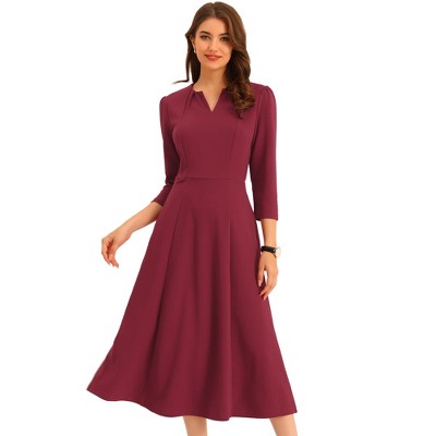 Allegra K Women's Elegant Split Neck Pockets 3/4 Sleeve Work A-line Dress  Burgundy Medium : Target