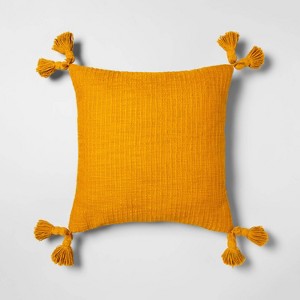 Cotton Textured with Tassels Square Throw Pillow Yellow - Opalhouse