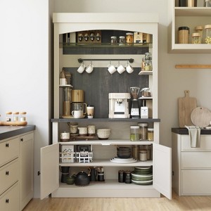 Nasitip 72" White Coffee Bar Cabinet with LED Lights, Farmhouse Buffet Hutch with Microwave Stand, Wine Rack & Storage Shelves - 1 of 4