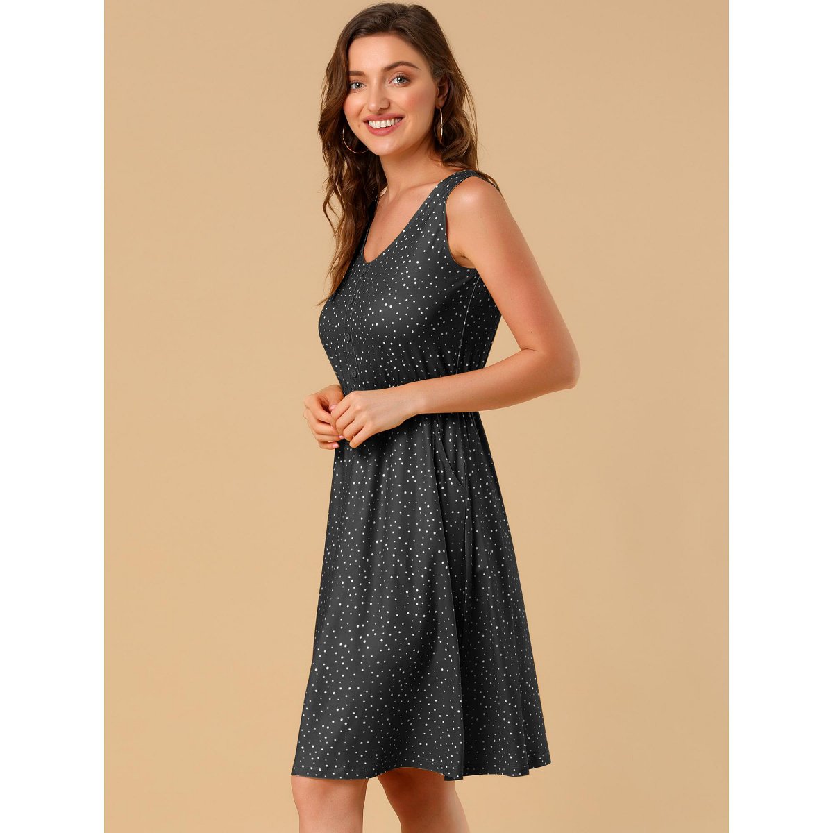 Женские платья INSPIRE CHIC Women's Midi Polka Dots V-Neck Tie Drawstring Waist Sleeveless Dress Black Small — фото 2
