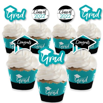 Big Dot of Happiness Teal Grad - Best is Yet to Come - Cupcake Decoration - 2022 Turquoise Grad Party Cupcake Wrappers and Treat Picks Kit - Set of 24