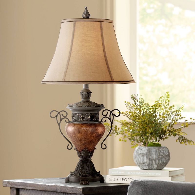Regency Hill Traditional Table Lamp 31.5" Tall Bronze Crackle Urn Faux Silk Bell Shade for Living Room Family Bedroom Bedside Nightstand, 2 of 9