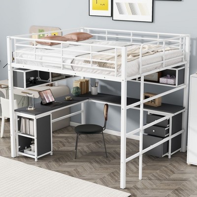 NicBex Full Bunk Bed with "L" Shape Desk Metal Frame Bed Frame with Storage Racks, 3 Drawers, Ladder and Guardrails, No Box Spring Required