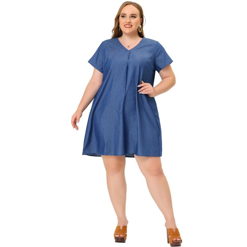 Agnes Orinda Women's Plus Size Solid Pleat Short Sleeve V Neck Chambray A Line Dresses, 4 of 7