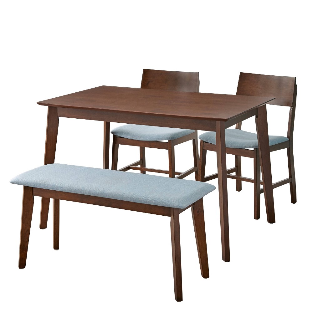Buylateral 4pc Celeste Dining Set with Bench Walnut/Blue: Rectangle Table, Upholstered Chairs, Wood Composite