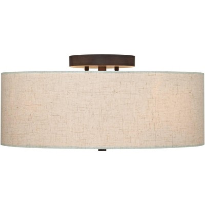Bronze Flush Mount Ceiling Light with Oatmeal Drum Shade