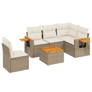 vidaXL 6 Piece Patio Sofa Set with Cushions Beige and Cream Poly Rattan - With Table - 1 of 4