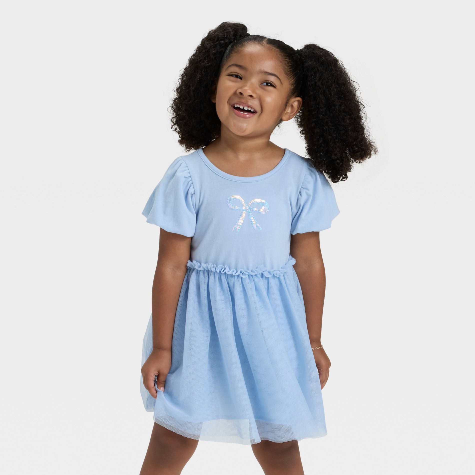 Toddler Girls' Short Sleeve Tulle Dress - Cat & Jack™ Light Blue 5T
