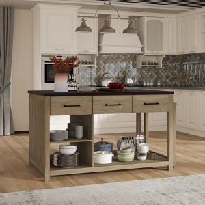 Extendable Kitchen Island with Storage, Retro Kitchen Cart with Power Outlets, Drawers & Shelves, Rolling Kitchen Workstation - ModernLuxe - 1 of 4