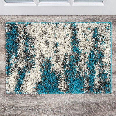 Turquoise and Gray Abstract Shag 8' x 10' Synthetic Rug