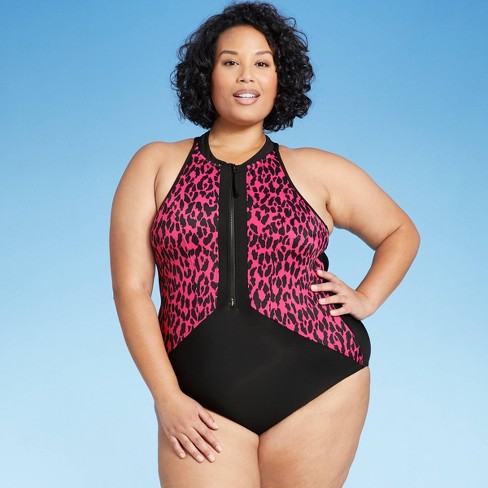 Women S Plus Size Zip Up Racerback One Piece Swimsuit Aqua Green Pink 18w Target