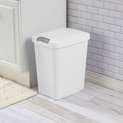 White Plastic TouchTop Wastebasket with Titanium Latch, 7.5 Gallon