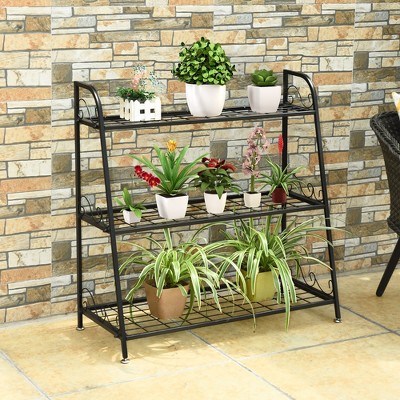 Black Steel 3-Tier Plant Stand with Adjustable Footpads