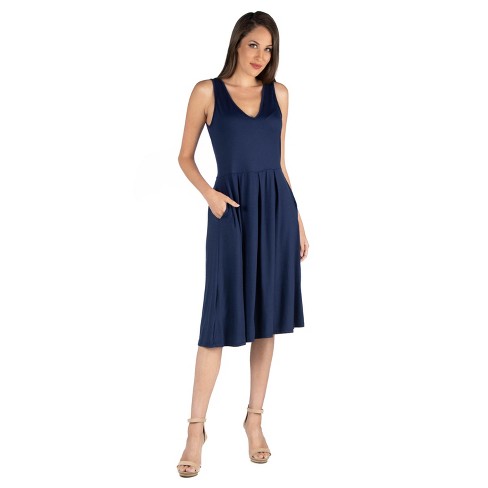 Fit And Flare Midi Sleeveless Dress With Pocket Detail-navy-m : Target