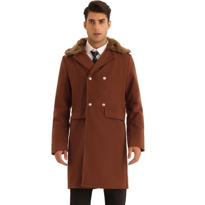 Lars Amadeus Men's Double Breasted Removable Faux Fur Collar Winter Overcoat