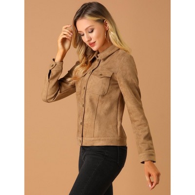 INSPIRE CHIC Women's Turn-Down Collar Flap Pockets Snap Button Faux Suede Jacket 2 Packs Brown/Army Green Small — фото 3