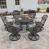 7-Piece Round Cast Aluminum Outdoor Patio Dining Set with Swivel Chairs & Brown Cushions & Umbrella Hole - 4 of 4