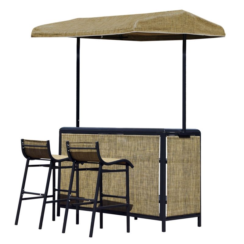 Outsunny 3 Piece Outdoor Bar Set for 2 with Canopy, Rectangular Table with Storage Shelves & Two Bar Chairs, Breathable Mesh, 4 of 10